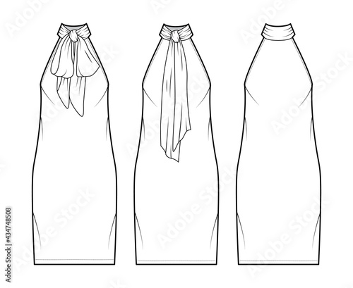 Dress neck bow technical fashion illustration with high halter neckline, sleeveless, oversized body, knee length pencil skirt. Flat apparel front, back, white color style. Women, men unisex CAD mockup