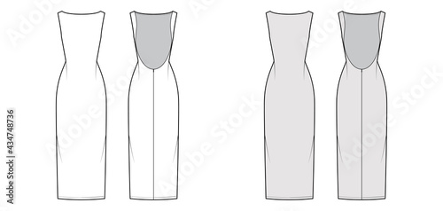 Dress backless technical fashion illustration with fitted body, floor maxi length pencil skirt, boat neckline. Flat evening apparel front, back, white, grey color style. Women, men unisex CAD mockup photo
