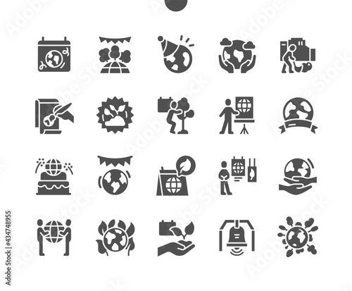 Earth Day 22 April. Conference about the nature. Calendar. Twenty second of april. Holiday. Ecological exhibitions. Peace bell. Vector Solid Icons. Simple Pictogram