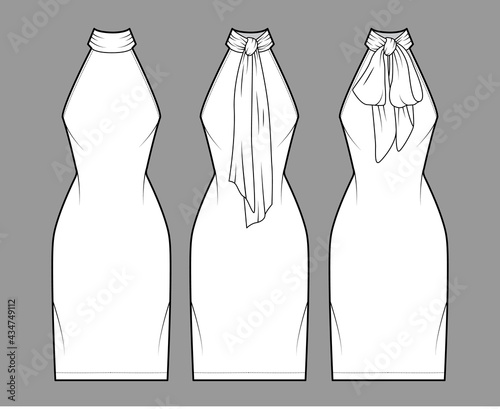 Dress neck bow technical fashion illustration with high halter neckline, sleeveless, fitted body, knee length pencil skirt. Flat apparel front, back, white color style. Women, men unisex CAD mockup