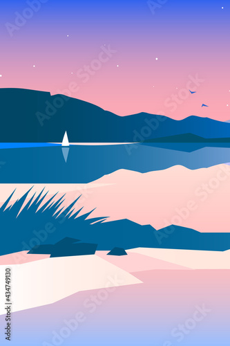 Minimalist geometric lakeside landscape