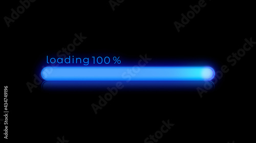 100% Futuristic progress loading bar on Black Background