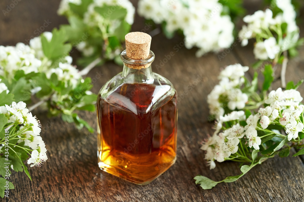 A bottle of hawthorn tincture with blooming hawthorn A bottle of hawthorn tincture with blooming hawthorn