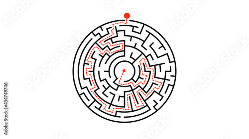 Red Arrow Solving the Circular Labyrinth Maze on Solid White Background