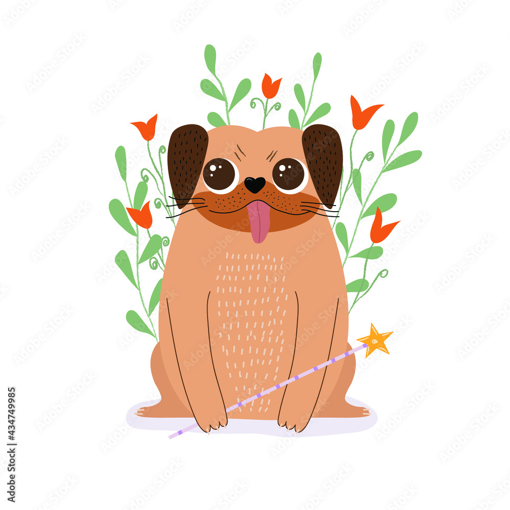 Obraz premium cartoon pug dog in tutu with magic wand character vector illustration.