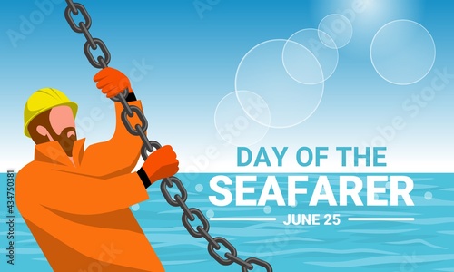 Vector illustration of a crew member holding a chain at sea, as a banner, poster or template, Day of the Seafarer.