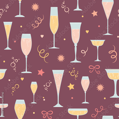 Champagne glasses pattern, celebration, party, bubbles, weddings, seamless vector.
