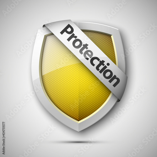 Protection ribbon shield concept with banner. Safety badge icon. Privacy banner tape. Security band protected label. Defense tag. Presentation sticker shape. Defense sign illustration