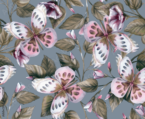 Seamless pattern with butterflies drawn in pencil. Background with flowers and leaves of loaches. Botanical texture for printing on paper and fabric. Trendy print