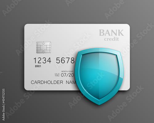 Protection shield credit card. Safety badge banking card. Safeguard finans icon. Security shield Plastic card software. Debit card guard electromagnetic chip. Privacy Electronic money funds transfer.