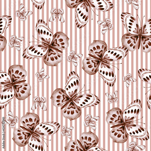 Seamless pattern with butterflies drawn in pencil. Background with stripes. Sketch texture for printing on paper and fabric with insects with beautiful wings. Fashion print