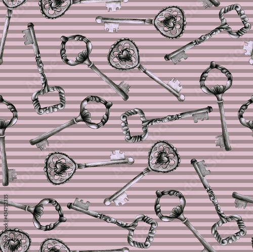 Seamless pattern with drawn in pencil vintage keys from old locks. Background with stripes and metal curly keys. Background for printing on paper and fabric. Trendy print