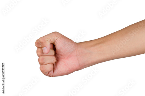 A man's hand, separated from a white background, was marking the stones in the game of rock paper scissors to find the winner.