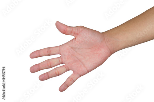A man's hand, separated from a white background, was marking the paper in the game of rock paper scissors to find the winner.