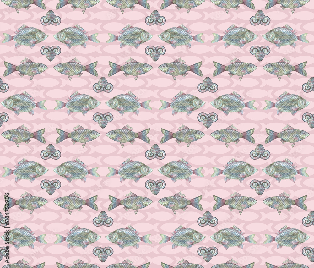 River Fish Patterns Pencil-drawn river fish carp or dorado in a stylish seamless pattern ...