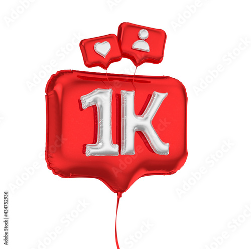 Red balloons in celebration of 1k followers. Like balloon. 3d illustration