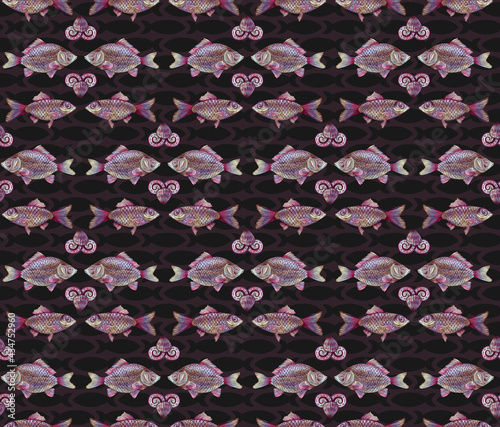 Pencil-drawn river fish carp or dorado in a stylish seamless pattern. Marine background with underwater animals: shells and snails. Fish with large scales and colored fins.Print for paper and textile