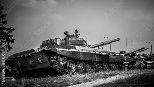 A WWII tank in black and white on the Stalin Line in Belarus