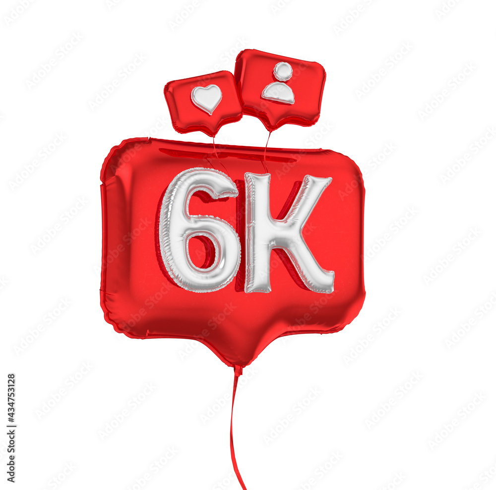 Red balloons in celebration of 6k followers. Like balloon. 3d