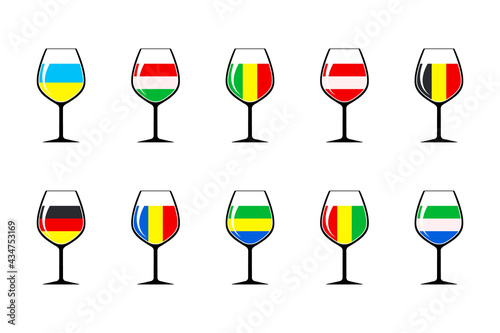 Set of glasses with drinks corresponding to the colors of the flags of the countries - Ukraine, Hungary, Mali, Austria, Belgium, Germany, Romania, Gabon, Guinea, Sierra Leone. Simple icons. Isolated.