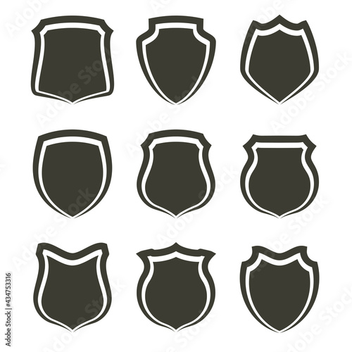 Protect guard shield plain line concept. Outline shield badge. Safety icon set. Privacy banner kit. Security label. Flat style protect sticker symbol shape. Safeguard simple sign. linear pictogram