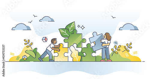 Environmental solution as ecological friendly alternative usage outline concept. Jigsaw puzzle with natural and renewable pieces as sustainable planet resources consumption symbol vector illustration.