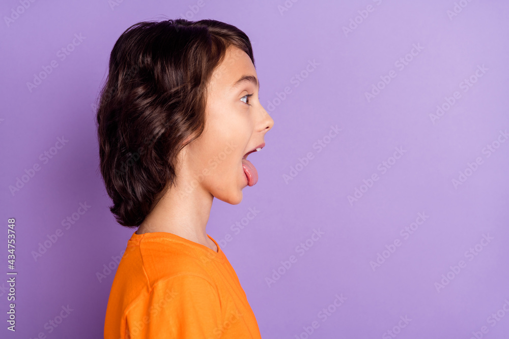 Profile side view portrait of attractive funny boy showing tongue