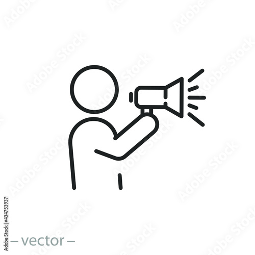 announce in loudspeaker, icon, public advocacy through megaphone, speaker man with news, loud voice warning, thin line symbol on white background - editable stroke vector eps10