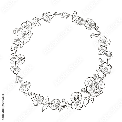 Vintage wreath of meadow flowers - vector hand-drawn lines. Maybe use for wedding invitation, card design, textile. 