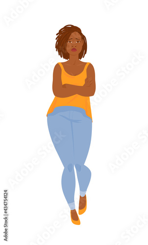 Emotions. Beautiful curvy black woman in casual clothes with dreadlocks, full length.