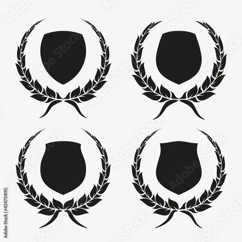Protect guard shield wreath concept. Outline shield badge. Safety icon set. Privacy banner kit. Security label. Flat style protect garland sticker symbol shape. Safeguard simple sign wreath pictogram
