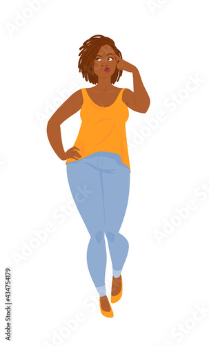 Emotions. Beautiful curvy black woman in casual clothes with dreadlocks, full length.