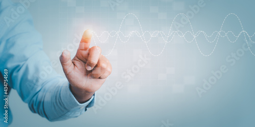 Business hand touching screen technology chart wave diagram on world map copy space creative innovation digital data global connection concept background, hand show business presentation conceptual.