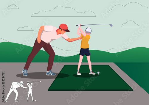 Golf teacher teaches children to play golf with golf clubs on green grass, cartoon , silhouettes, bundle vector illustration. character in different position.
