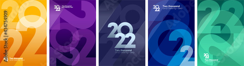 2022. Happy New Year. Set of vector illustrations. Design templates with logo 2022. Minimalistic background for banner, cover, poster.