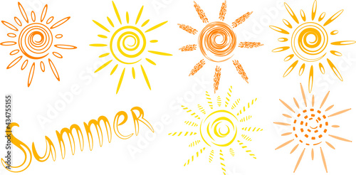 Vector drawn sun icons and word summer
