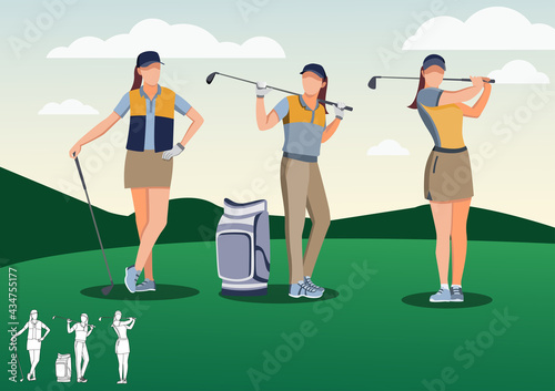 Golf playing. young golfer poses for a photo. with golf clubs on green grass, cartoon vector illustration. female character in different position.	