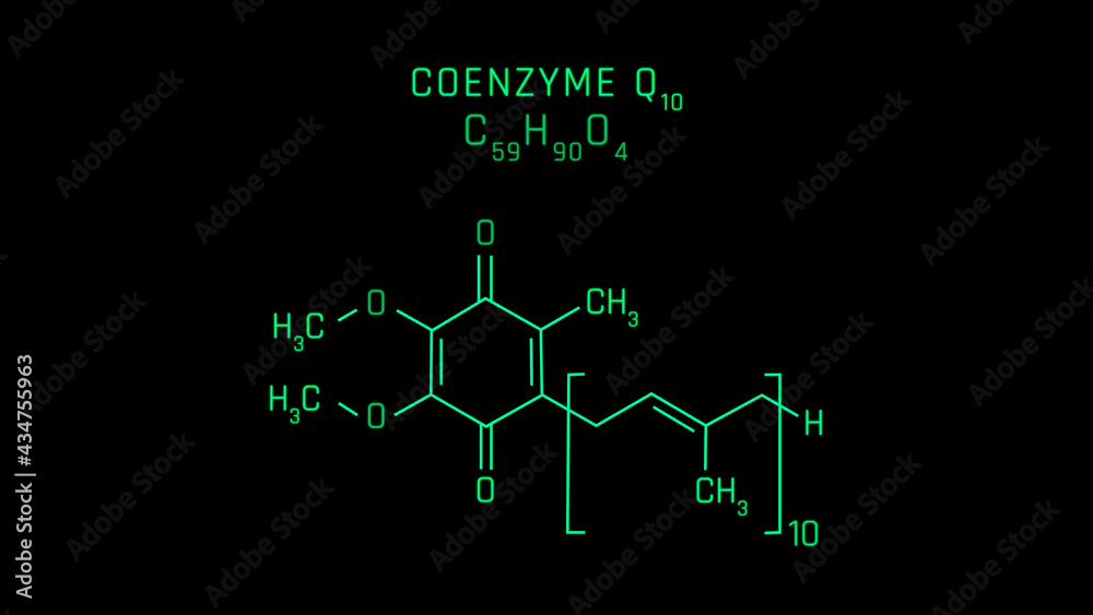 Coenzyme Q10 or Ubiquinone Molecular Structure Symbol Neon on black background