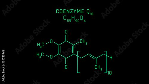 Coenzyme Q10 or Ubiquinone Molecular Structure Symbol Neon on black background photo
