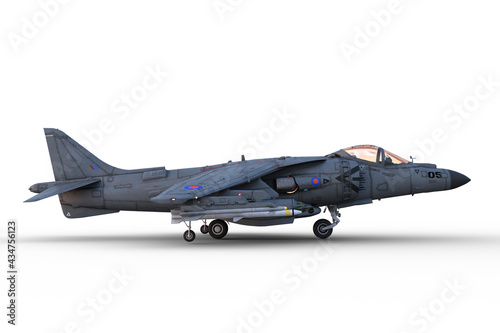 Side view 3D illustration of a grey jet fighter aircraft on the ground and armed with missiles isolated on a white background.