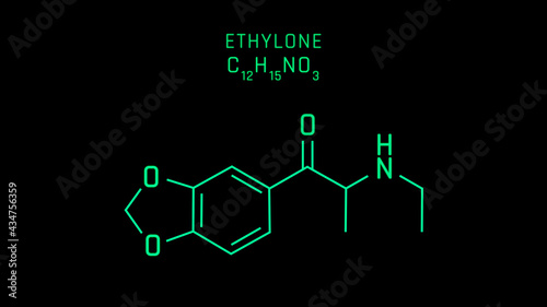 Ethylone also known as 3,4-methylenedioxy-N-ethylcathinone or MDEC or MDEA Molecular Structure Symbol on black background