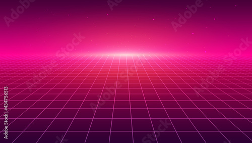 Abstract perspective grid. Retro futuristic neon line background, 80s design perspective distorted plane landscape composed of crossed neon lights and laser beams. Vector illustration