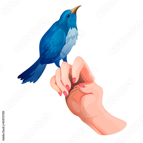 Graceful woman s hand with a little blue bird sitting on finger. A cute bird sings with his head up. Cartoon vector illustration isolated. Sticker, symbol, icon for your design. White background