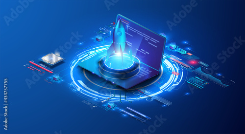 Rockets with infographic elements blue rays for the design business startup landing page. Engineering idea concept. Electronic devices development. Rocket taking off over neon glowing circle on laptop