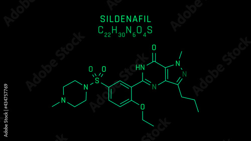 Sildenafil sold under the brand name Viagra Molecular Structure Symbol Neon on black background photo