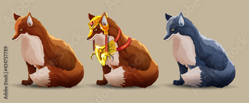 Set with a beautiful fighting foxes sits. A fox in beautiful golden armor, simple fox and dark fox. Fantasy animals. The wise fox looks ahead. Vector Cartoon character isolated