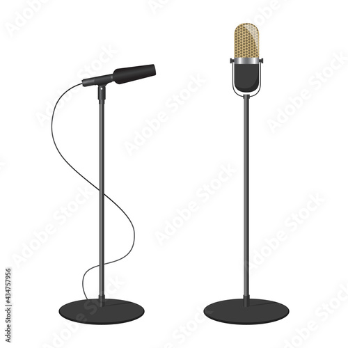 Microphones on a stand isolated on white. Vector illustration. Icon, sign, design element.