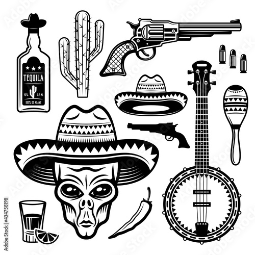 Alien mexican bandit and different native attributes set of vector objects or elements in black and white vintage style isolated illustration