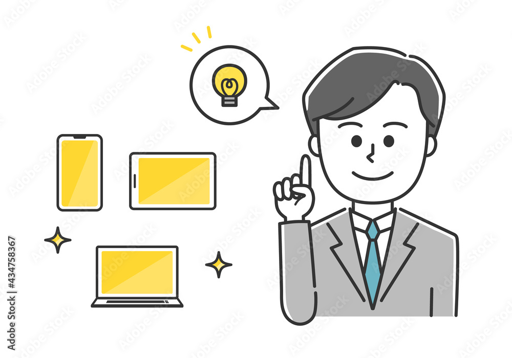 Store clerk explaining handheld devices. Vector illustration isolated on white background. Store clerk explaining handheld devices. Vector illustration isolated on white background.