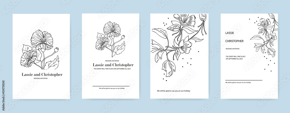 A set of exquisite wedding invitations in a minimalist style. colors in a linear style on a white background. Modern RSVP greeting card design with natural design elements. EPS10. A set of exquisite wedding invitations in a minimalist style. colors in a linear style on a white background. Modern RSVP greeting card design with natural design elements. EPS10.